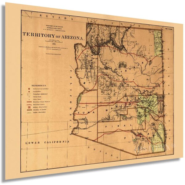Vintage 1876 Arizona Territory Map On Paper Print 